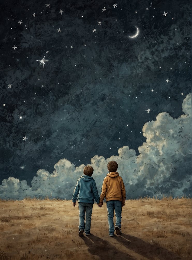 Two Boys Holding Hands Under The Stars