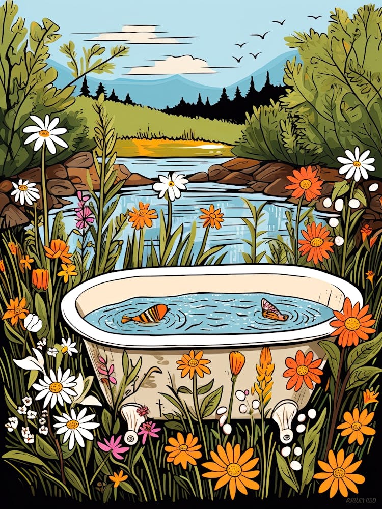 Bathtub View With Flowers Illustration
