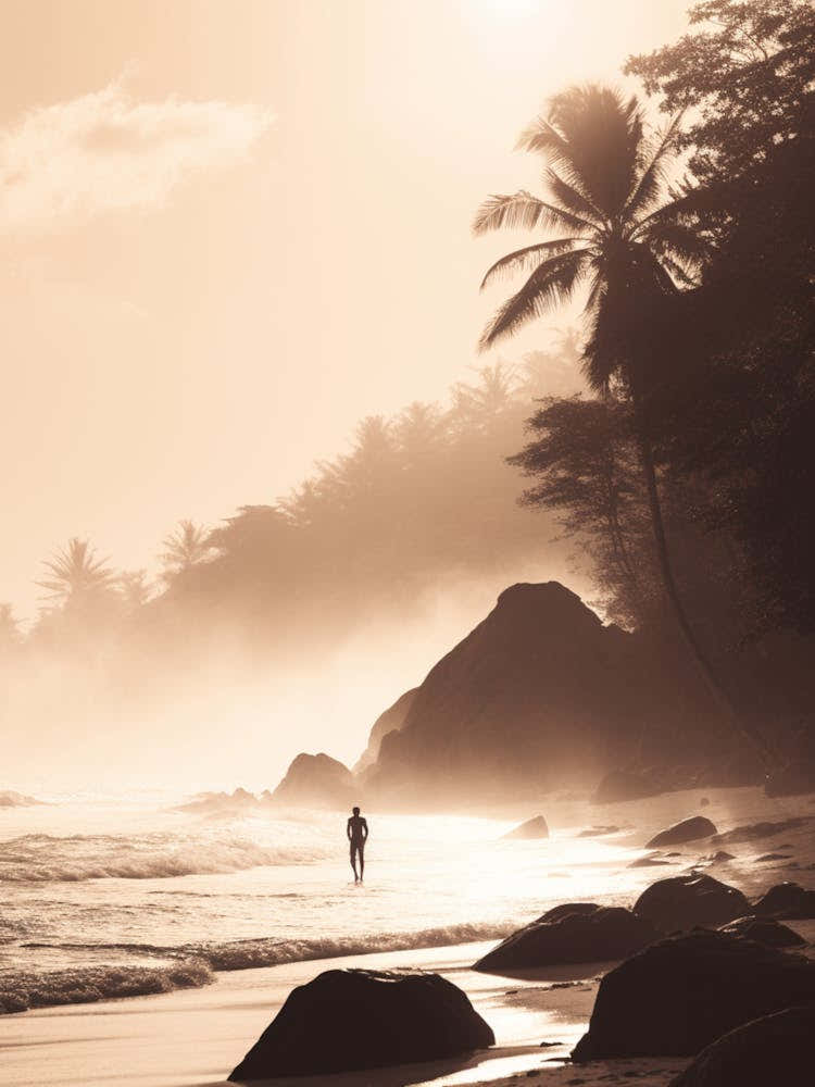 Person With Surfboard On Anse Lazio, Praslin Seychelles 1