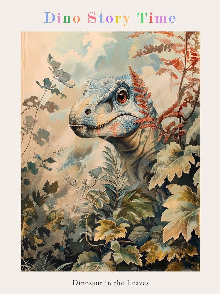 Dinosaur Looking Through The Leaves Storybook Style Poster