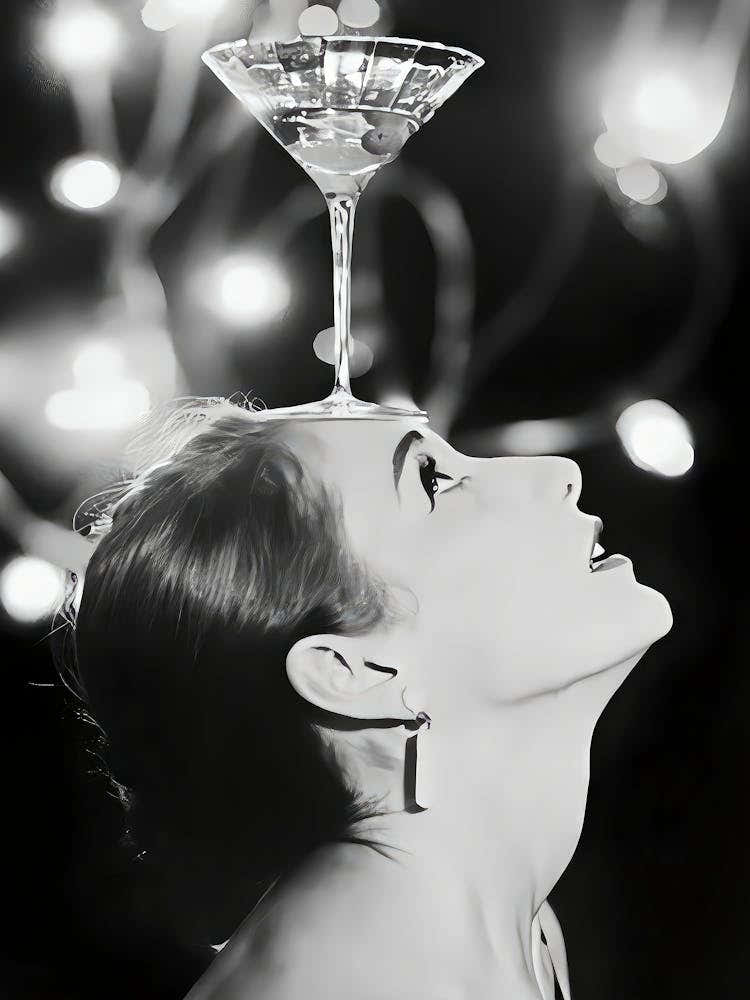 Woman Balancing Cocktail On Head Print, Black And White Art, Vintage Lady Martini Poster, Alcohol Wall Art, Bar Cart Print, Retro Wall Decor
