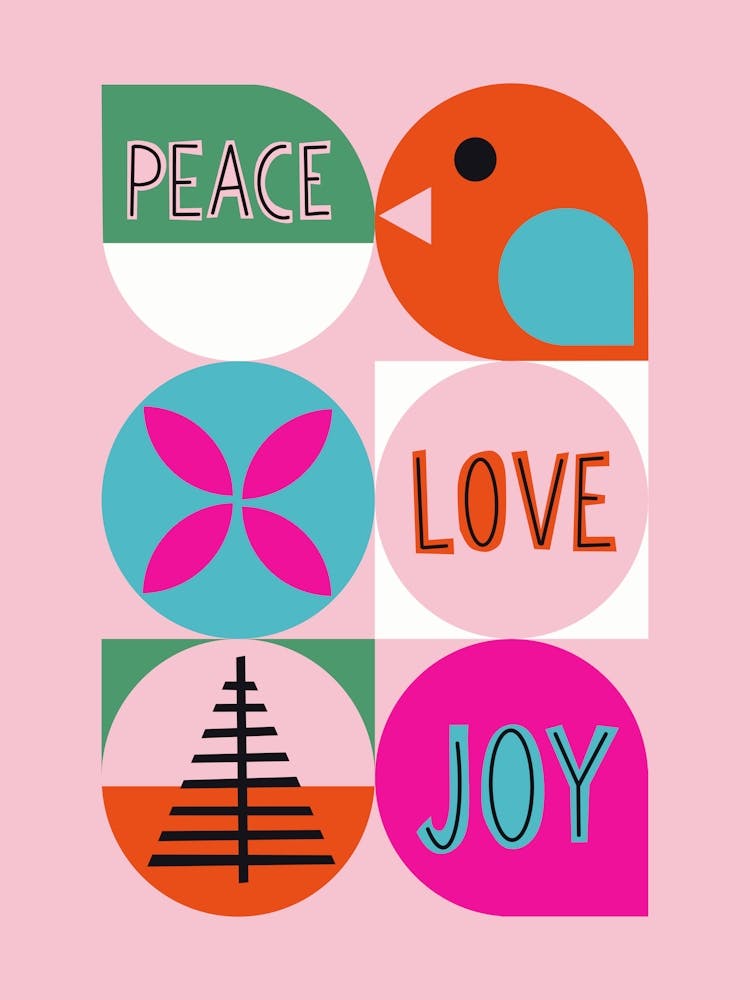 Peace Joy Love Christmas Grid Mid Century Modern Vintage Style