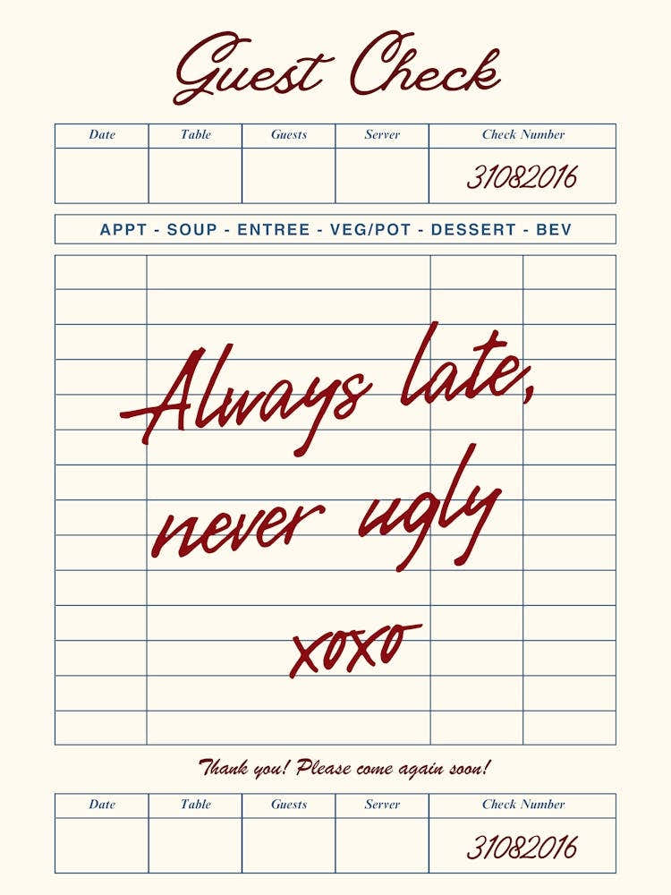 Always Late Never Ugly Guest Check Poster
