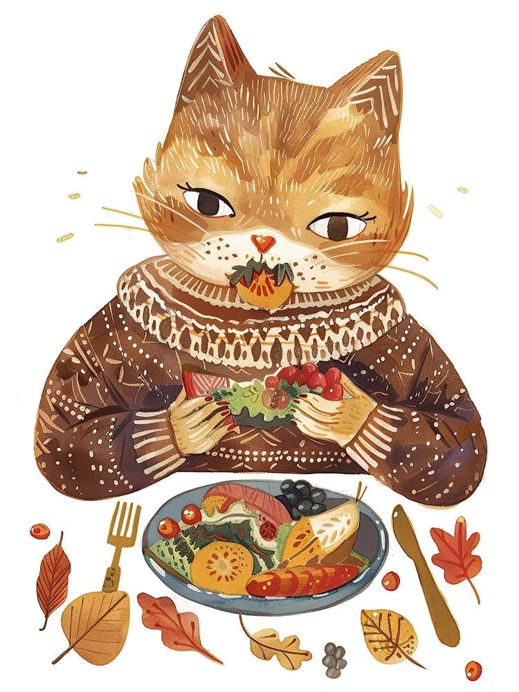 Brown Cat Eating Salad Folk Illustration 3
