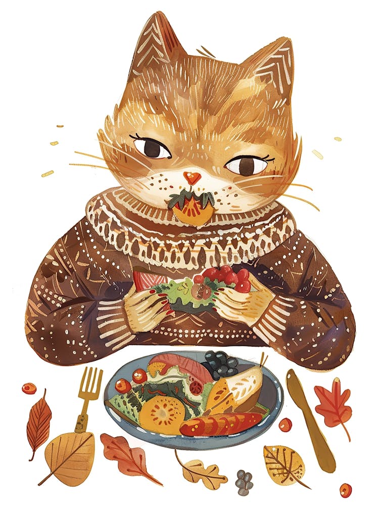 Brown Cat Eating Salad Folk Illustration 3