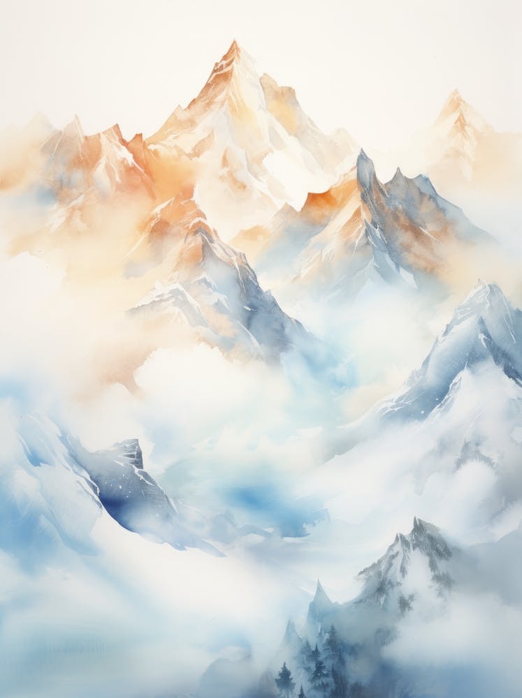 Watercolor Mountains With Clouds
