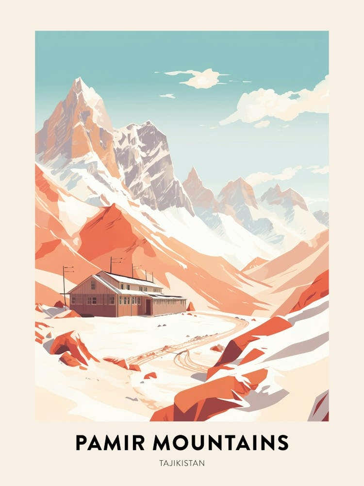 Vintage Winter Travel Poster Pamir Mountains Tajikistan 3