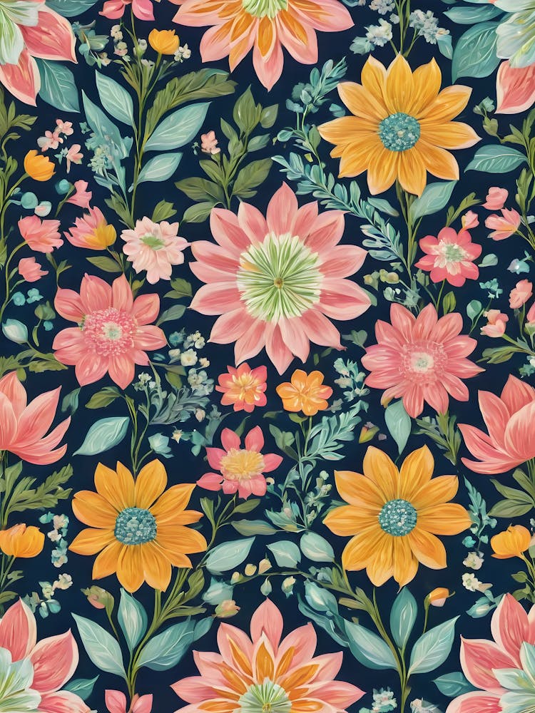 Painted Summer Flowers Boho Pattern - Navy Background Pink Bohemian Wallpaper Art Like Amy Butler and William Morris Fabric Print For Lunar Pagan Gallery Feature Wall Floral Yellow Turquoise Botanical Luna Lover HD