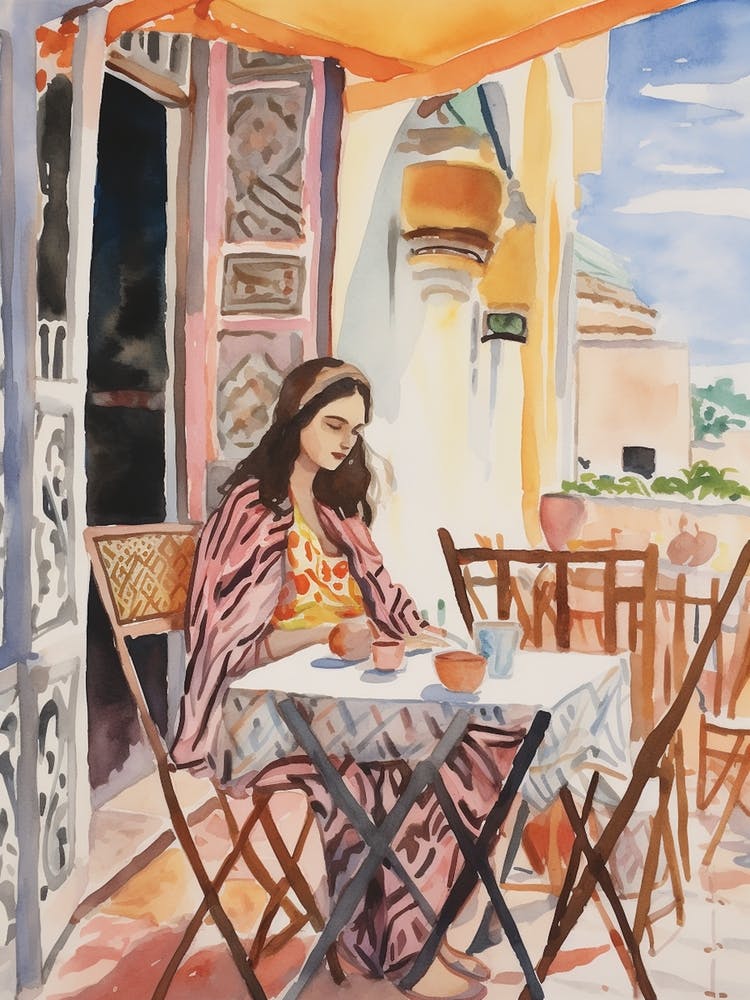 At A Cafe In Tangier Morocco Watercolour