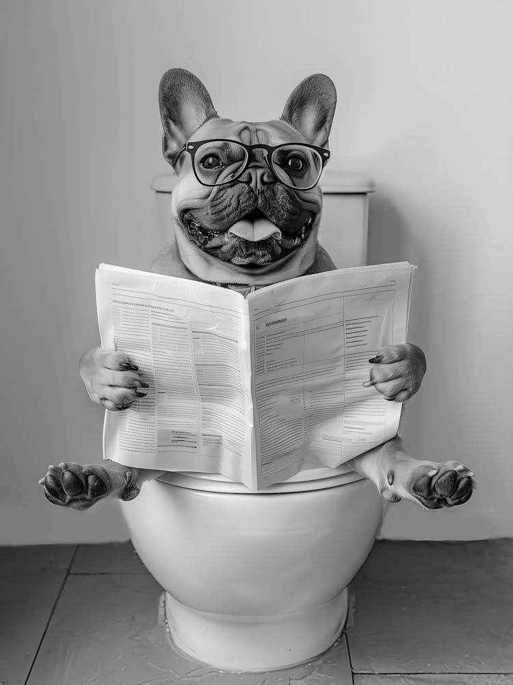 French Bulldog Sitting On Toilet Wall Art, Frenchie Dog Reading Newspaper, Black And White Print, Funny Dog Poster, Bathroom Wall Decor