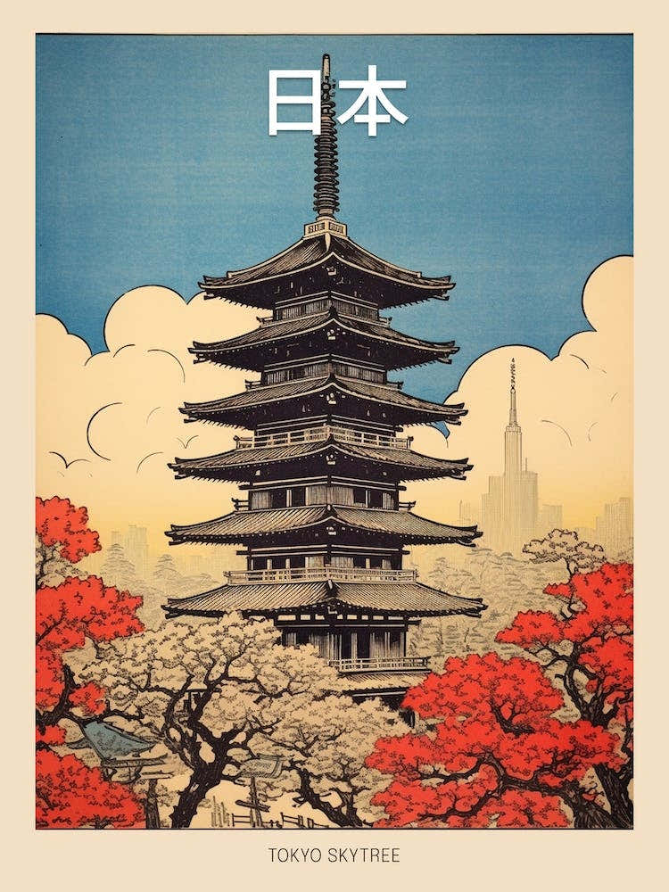 Tokyo Skytree, Japan Vintage Travel Art 3 Poster