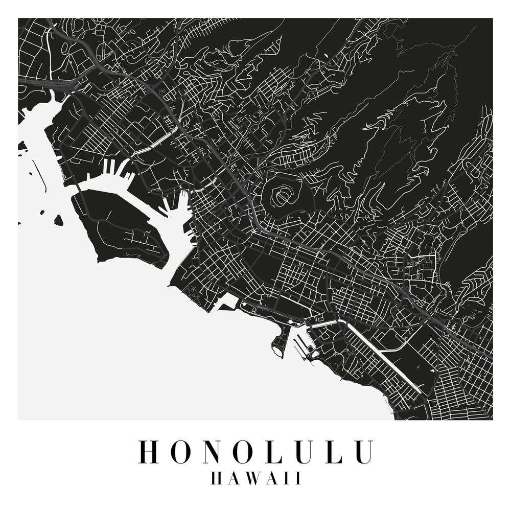 Honolulu Hawaii Minimal Black Mono Street Map  Square