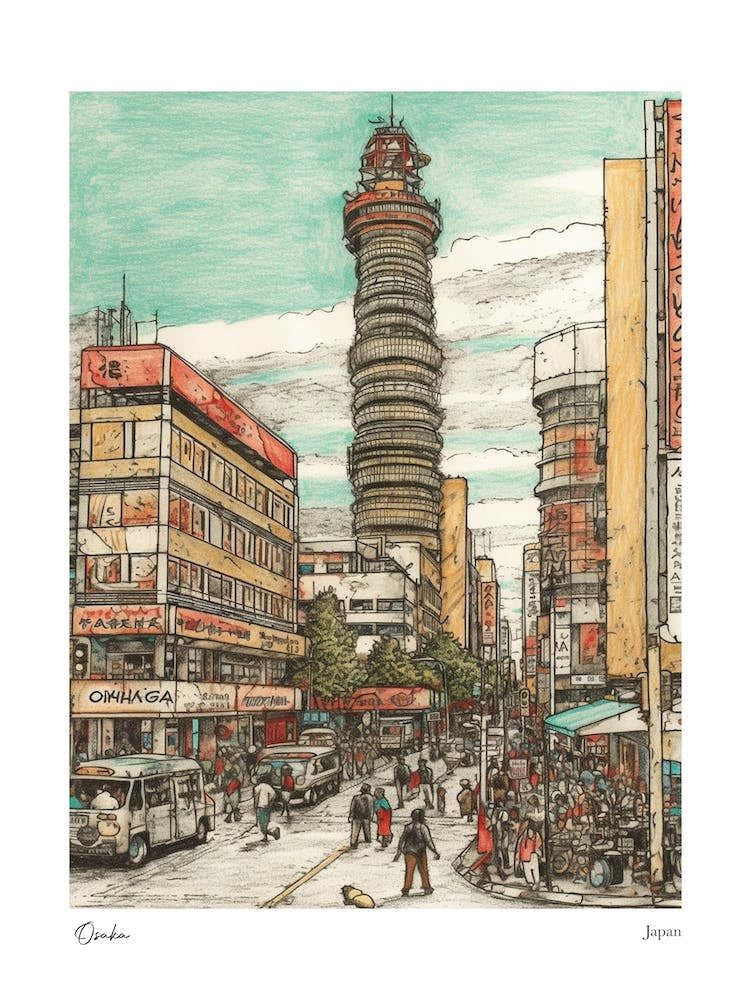 Osaka Japan Drawing Pencil Style 1 Travel Poster