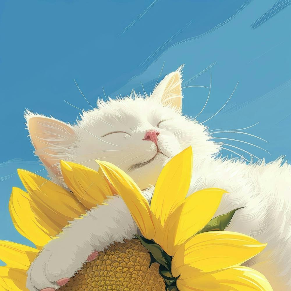 Cat Sleeping On Sunflower