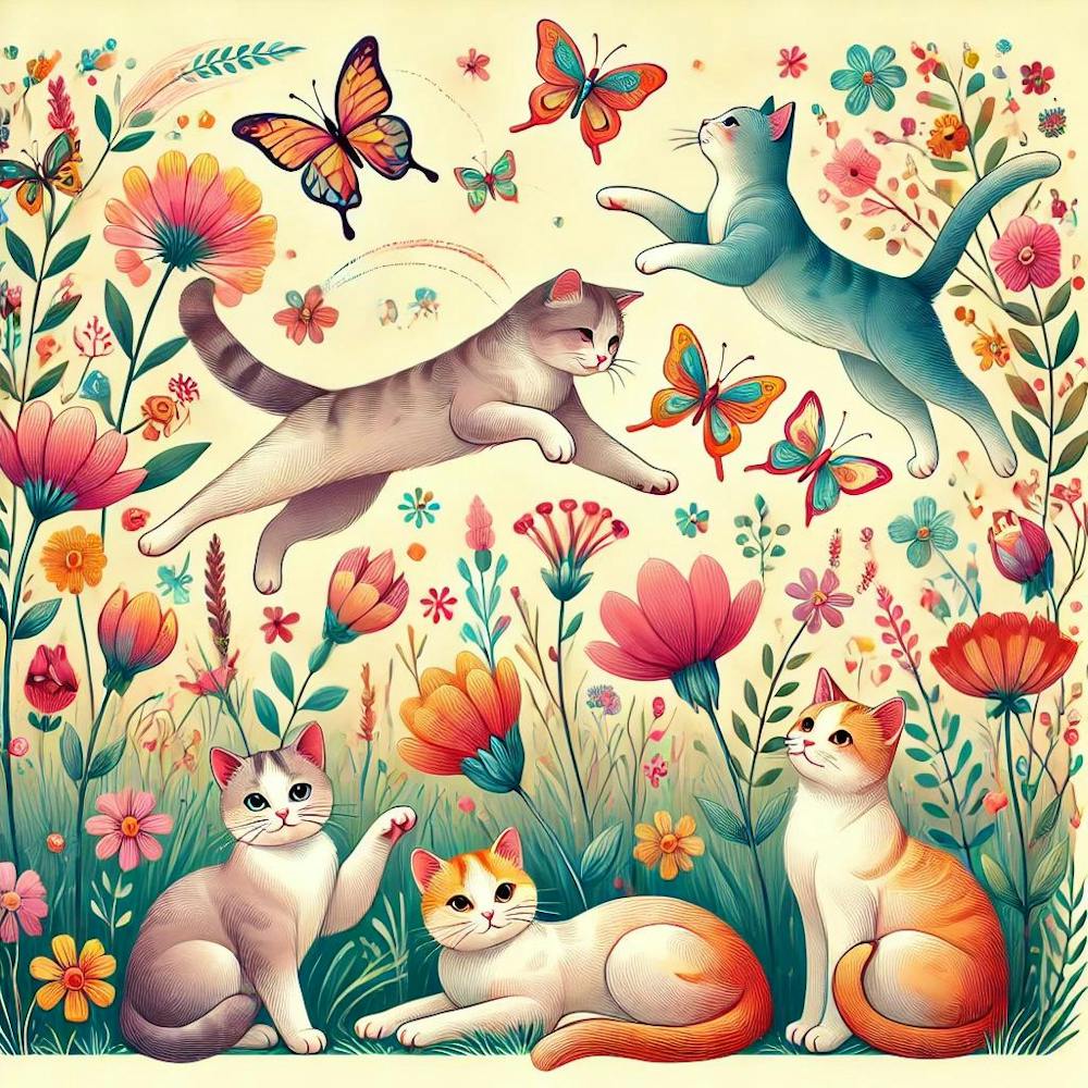 Playful Cats In A Whimsical Garden Printed Art A Delightful Illustration Of Playful Cats In A Vibrant Garden, Perfect For Bringing Joy And Charm To Any Cat Lover’S Space Printed Art