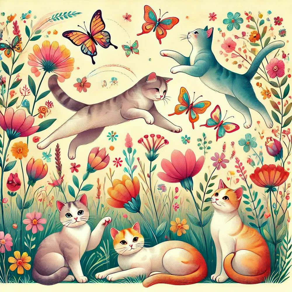 Playful Cats In A Whimsical Garden Printed Art A Delightful Illustration Of Playful Cats In A Vibrant Garden, Perfect For Bringing Joy And Charm To Any Cat Lover’S Space Printed Art