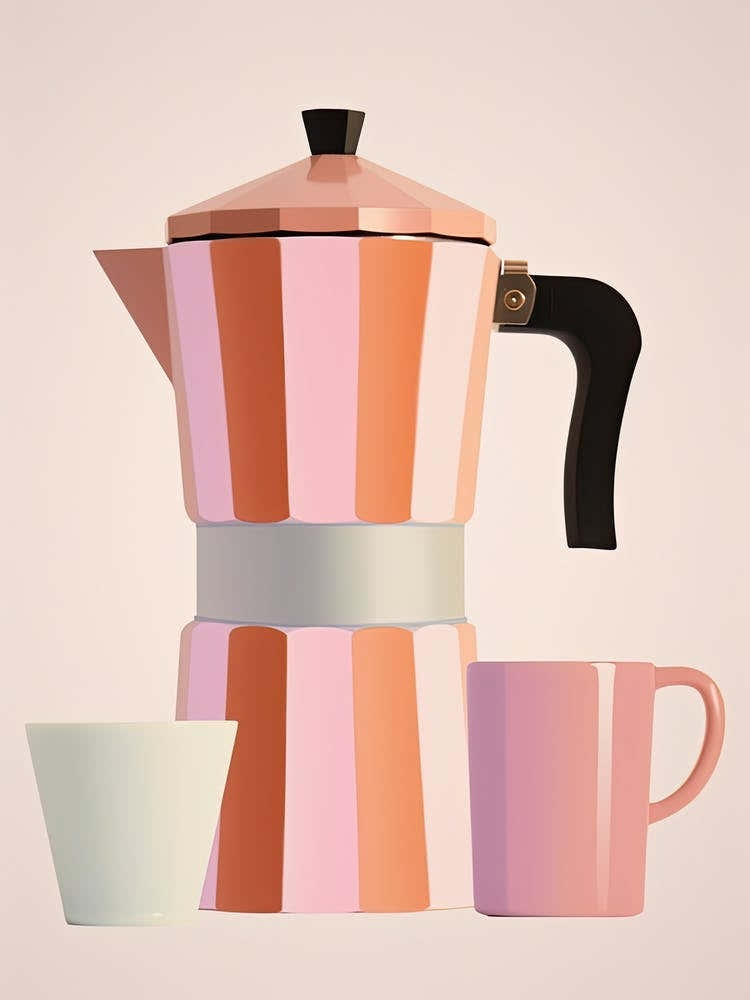 Italian Coffee Maker And Mugs Illustration Pink Background