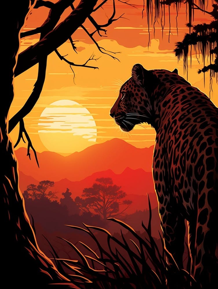 African Leopard Sunset Silhouette Painting 2