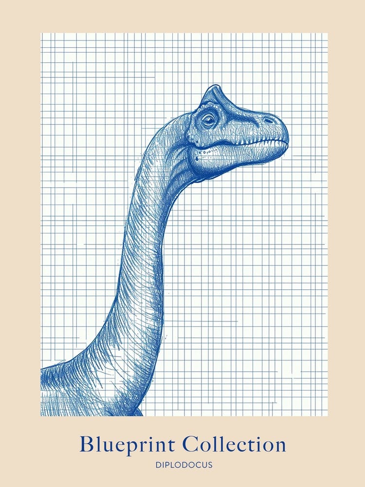 Diplodocus Dinosaur Blue Print Sketch 3 Poster