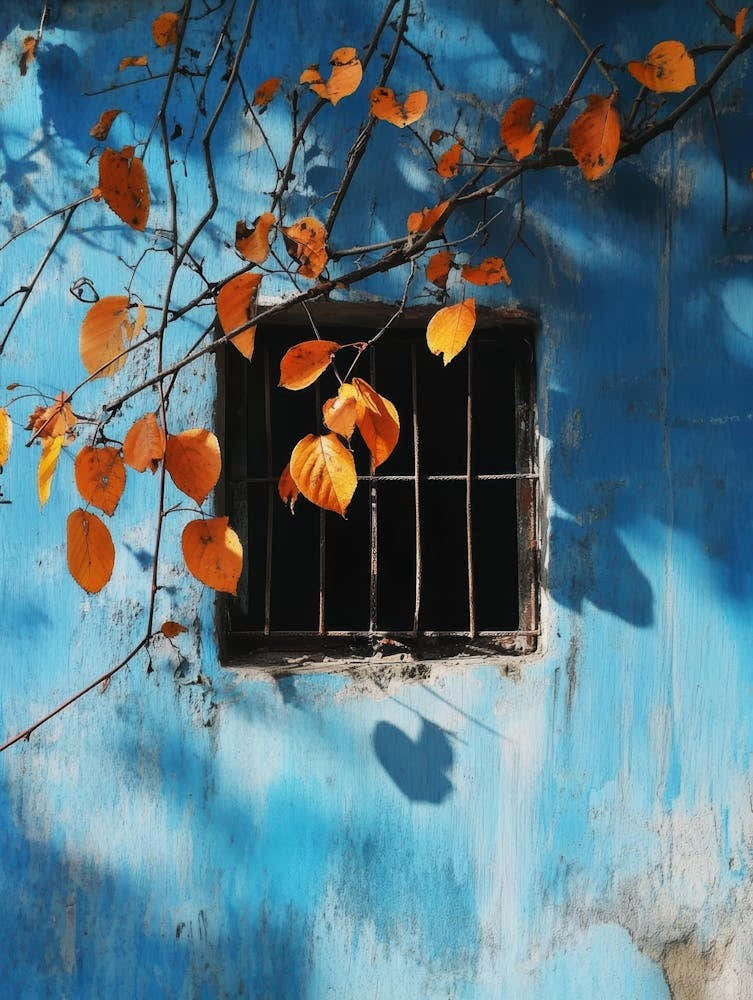 Autumn Leaves On A Blue Wall 2