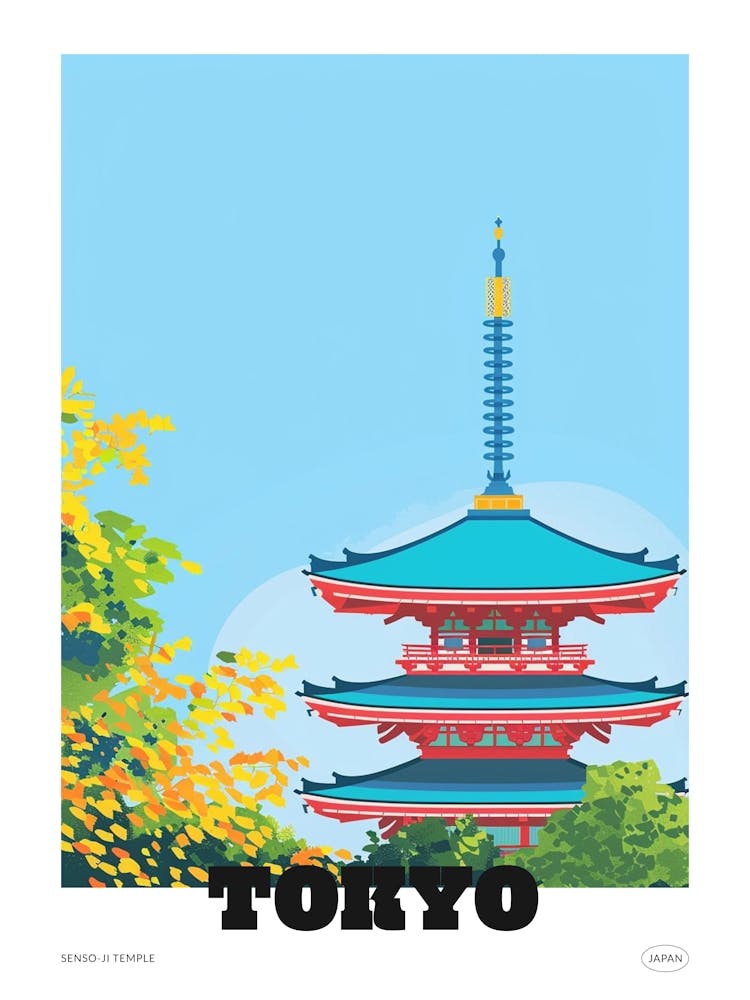 Senso Ji Temple Tokyo 3 Colourful Illustration Poster