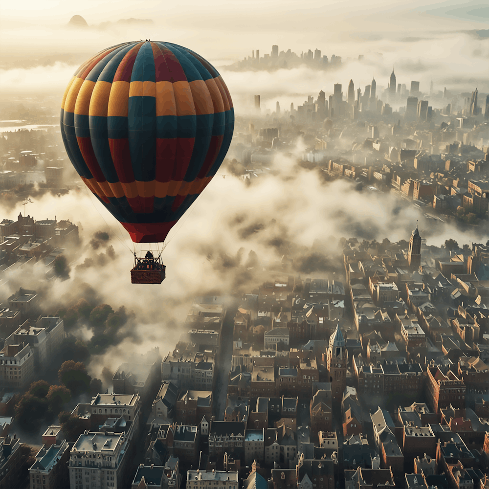 Hot Air Balloon Over City