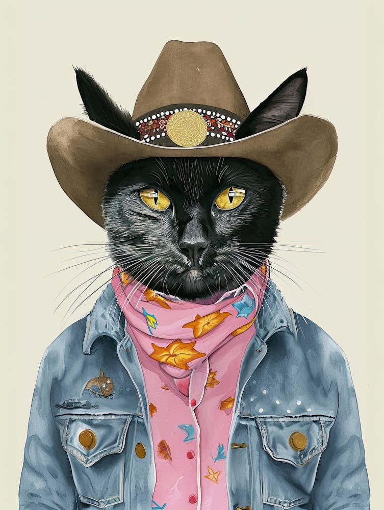 Black Cat Cowboy Quirky Western Print Pet Decor 2