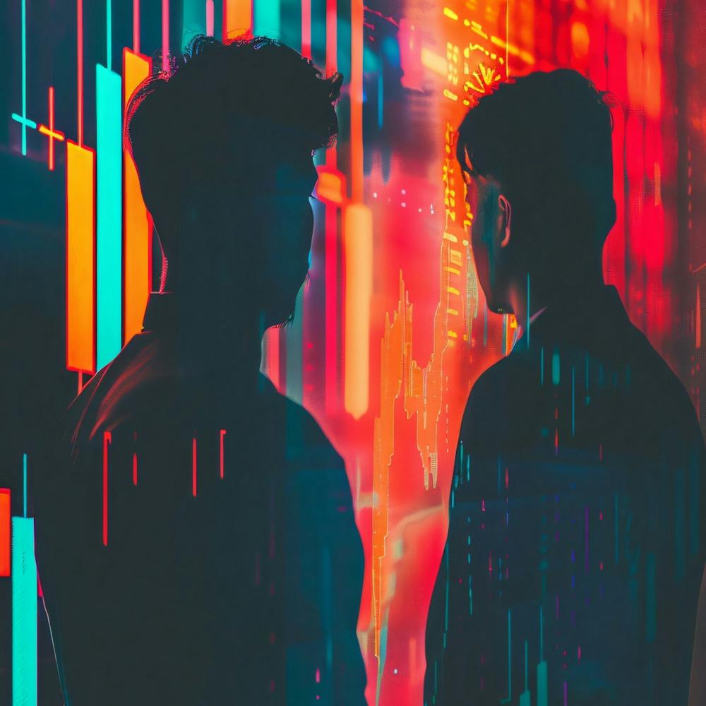 Two Men In Front Of A Neon Wall