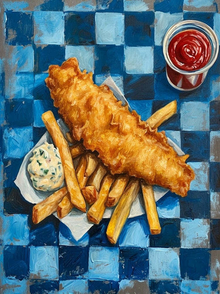 British Fish & Chips Blue Checkerboard