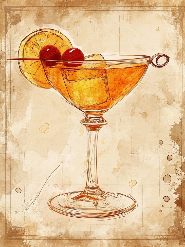 Cherry Cocktail Sepia Watercolour