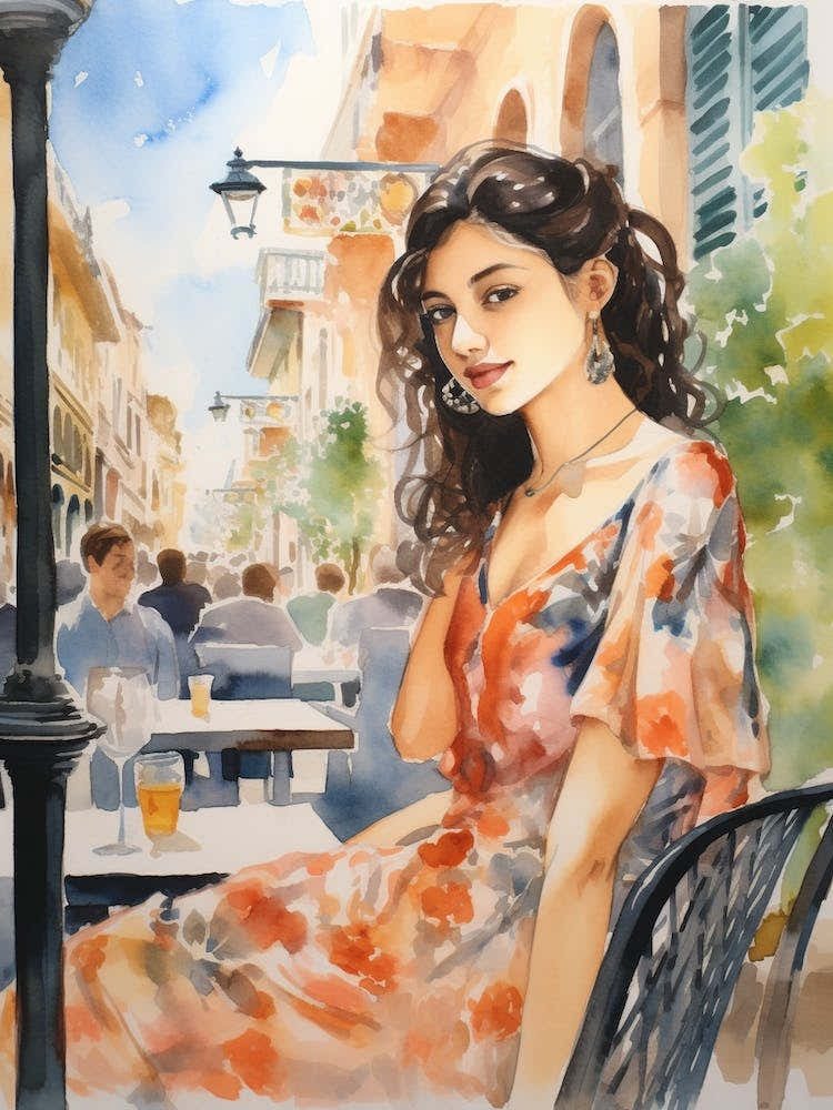 At A Cafe In Barcelona Spain 2 Watercolour