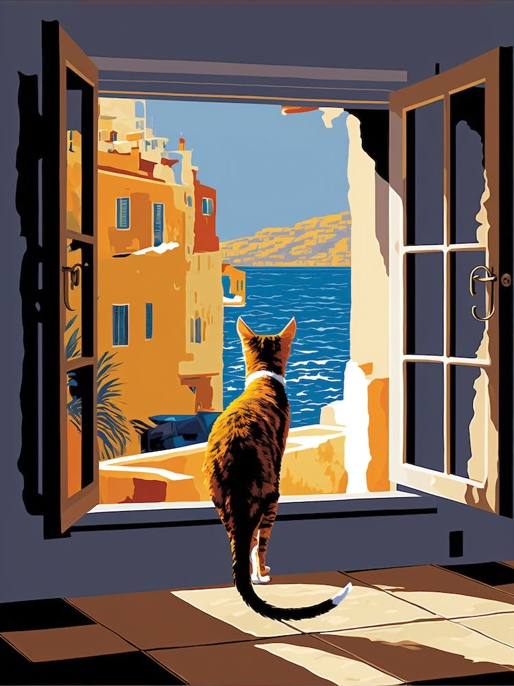 Cat Mediterranean Amalfi Portofino Vintage Travel Poster