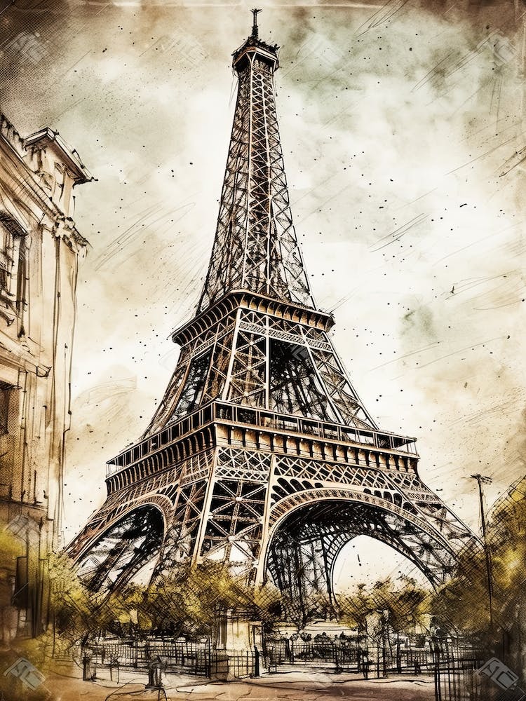 Eiffel Tower Paris France Sketch Drawing Style 1