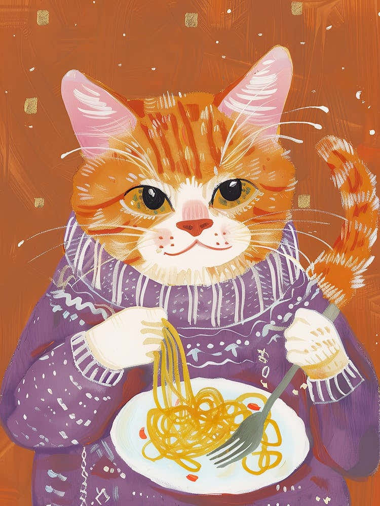 Orange Cat Pasta Lover Folk Illustration 1