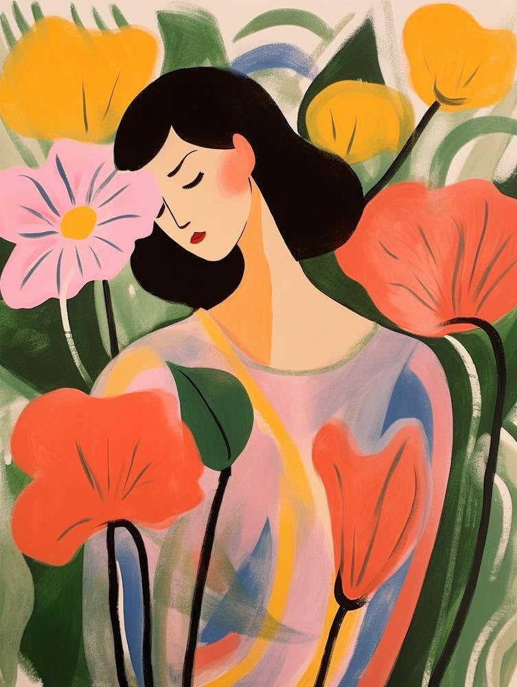 Woman With Autumnal Flowers Flamingo Flower