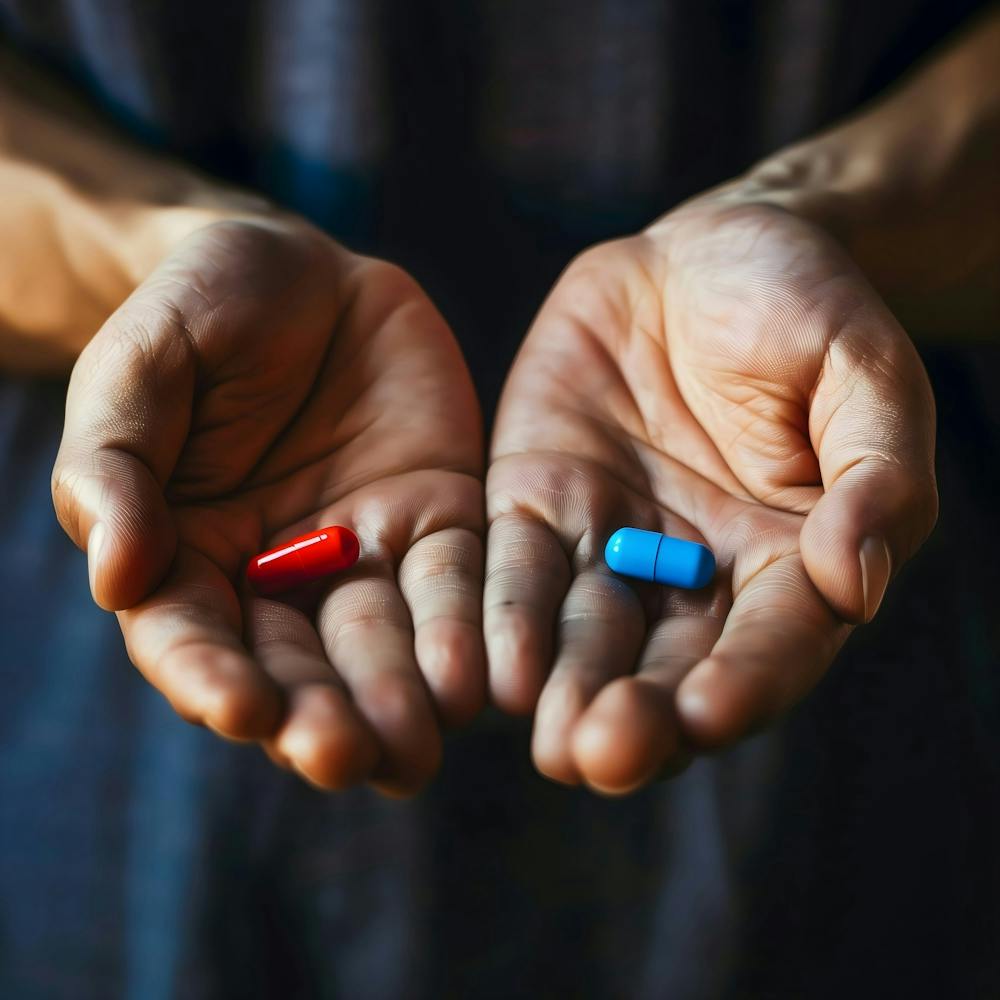 Hands Holding red and blue Pill