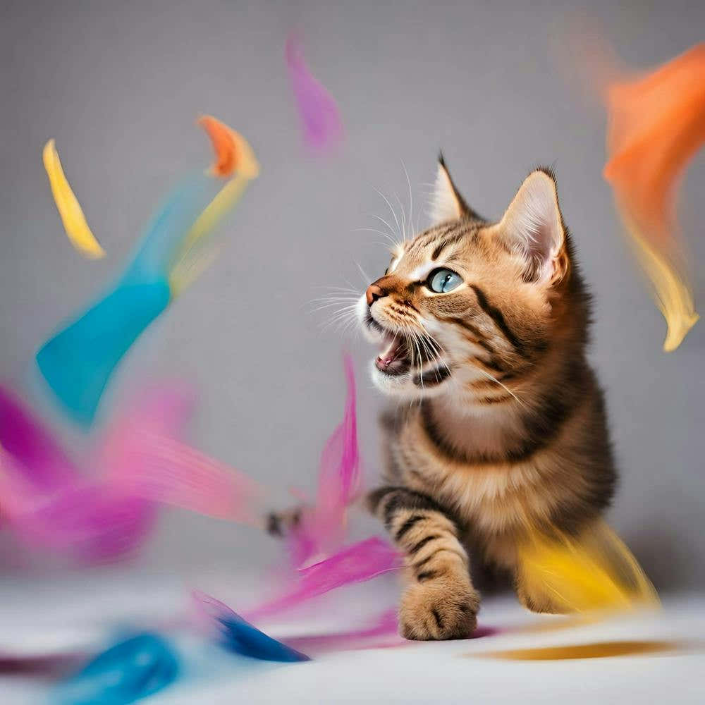 Bengal Kitten Playing With Colorful Feathers