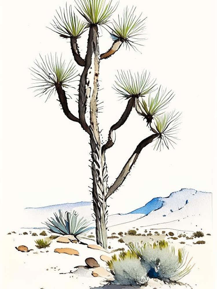 Joshua Tree In Mountain Foothill Minimilist Watercolour  (1)