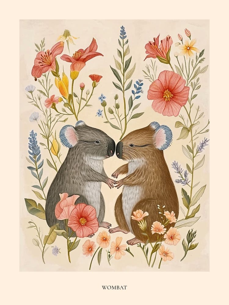 Folksy Floral Animal Drawing Wombat 5 Poster