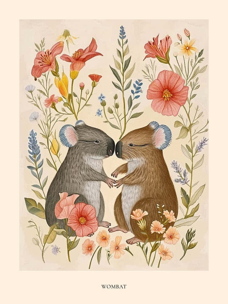Folksy Floral Animal Drawing Wombat 5 Poster