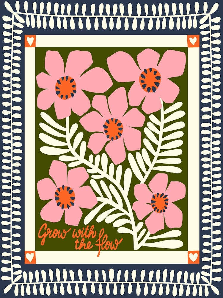Grow With the Flow Pink Growing Flowers Vintage Inspired Illustration