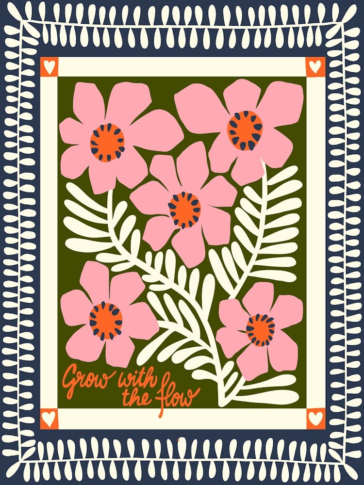 Grow With the Flow Pink Growing Flowers Vintage Inspired Illustration