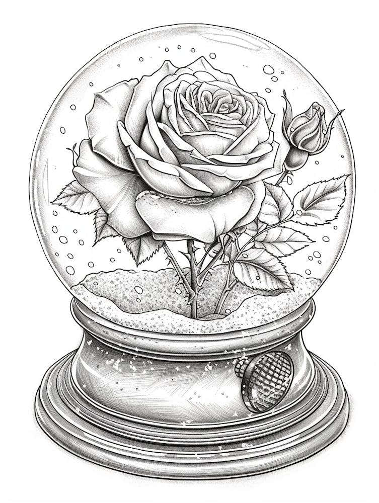 Rose In A Snow Globe Line Drawing 1