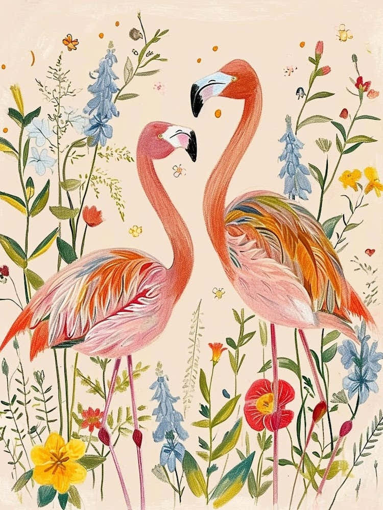 Folksy Floral Animal Drawing Flamingo 2
