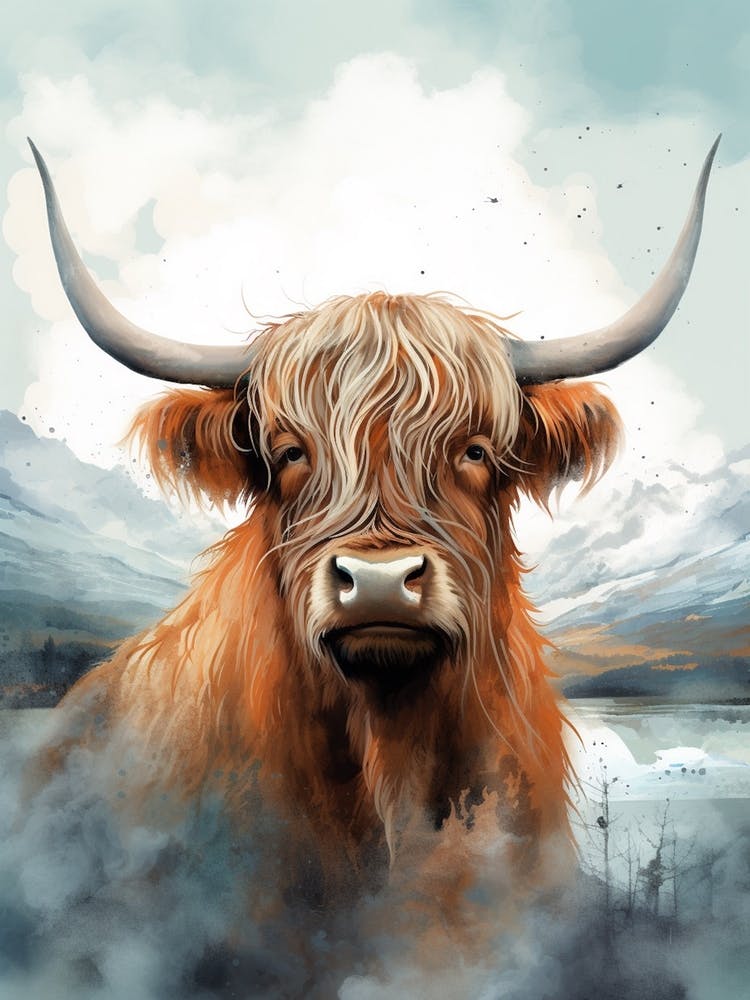 Grey Cloudy Painting Of Highland Cow