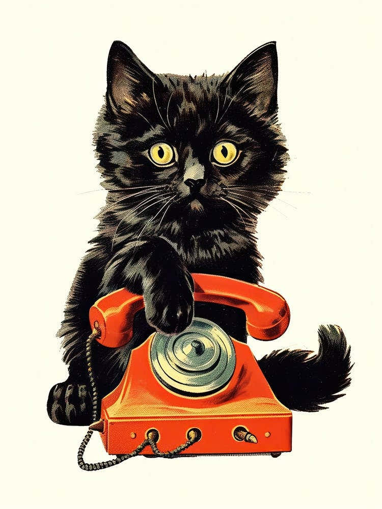 Vintage Black Cat Red Telephone Kitsch