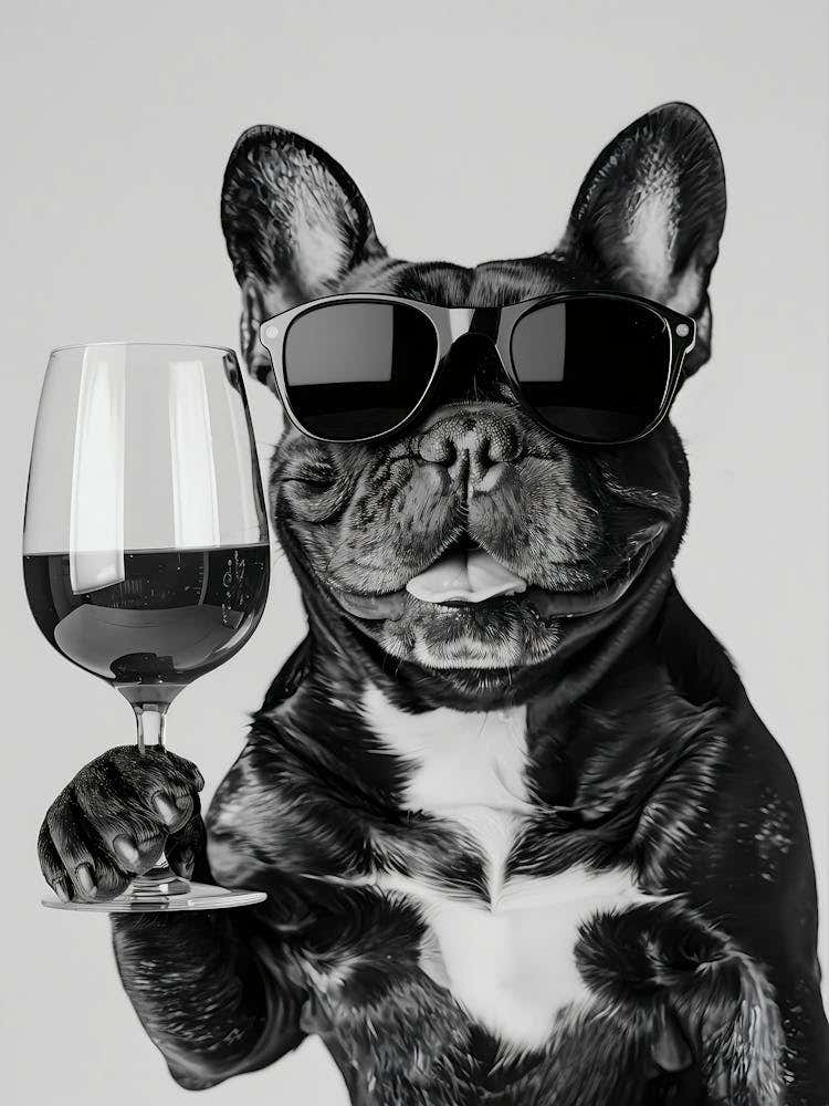 French Bulldog Holding Wine Wall Art, Black Frenchie, Black And White Print, Bar Cart Print, Alcohol Print, Funny Dog Poster, Kitchen Decor