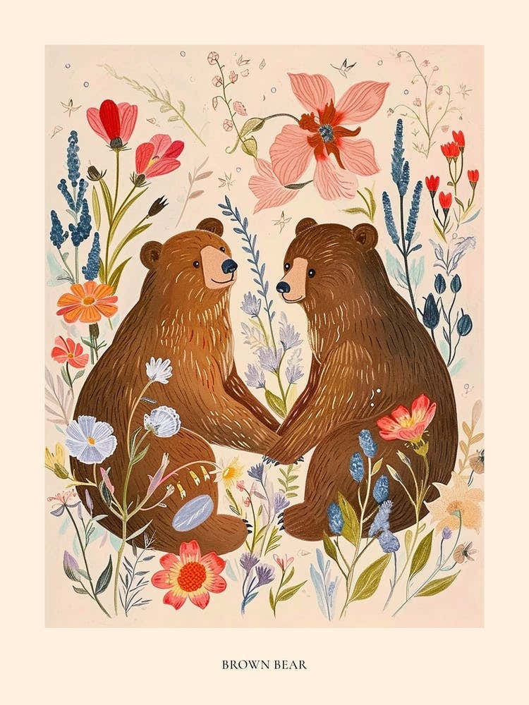 Folksy Floral Animal Drawing Brown Bear 4 Poster