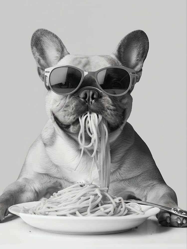 French Bulldog Eating Pasta Wall Art, Spaghetti Print, Black And White Print, Frenchie Print, Dog Gift, Funny Dog Poster, Kitchen Wall Decor