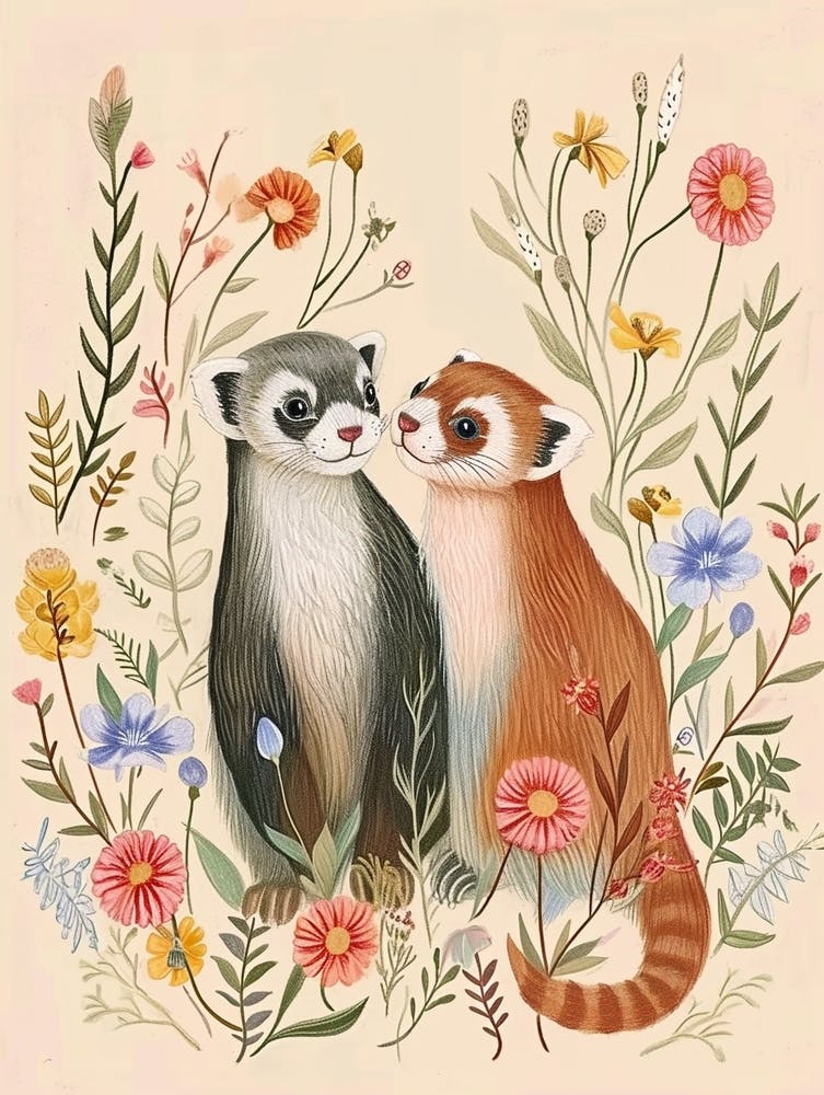 Folksy Floral Animal Drawing Ferret 4